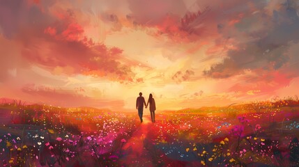 Fototapeta premium Pink and orange pastel flower field and character illustration poster background