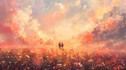 Pink and orange pastel flower field and character illustration poster background