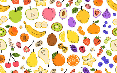 Seamless pattern with hand drawn fruit doodles. Flat tropical set of banana, apple, pear, peach, strawberry, lemon, cherry, fig, quince, starfruit and some berries. Mulberry, raspberry, strawberry