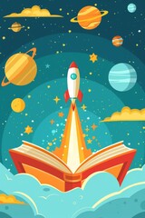 A vibrant illustration depicting a rocket launching from an open book in outer space, surrounded by planets, stars, and clouds. Back to school.