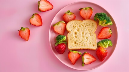 Healthy and Delicious Children s Breakfast with Sandwich Broccoli and Strawberries on a Pink Background