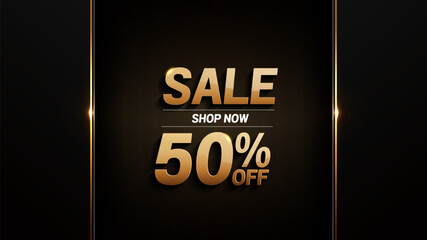 50 percent off sale black gold background, luxury image abstract, overlap layer shadow gradients space composition, 3840 x 2160 monitor size for banner, template design
