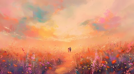 Pink and orange pastel flower field and character illustration poster background