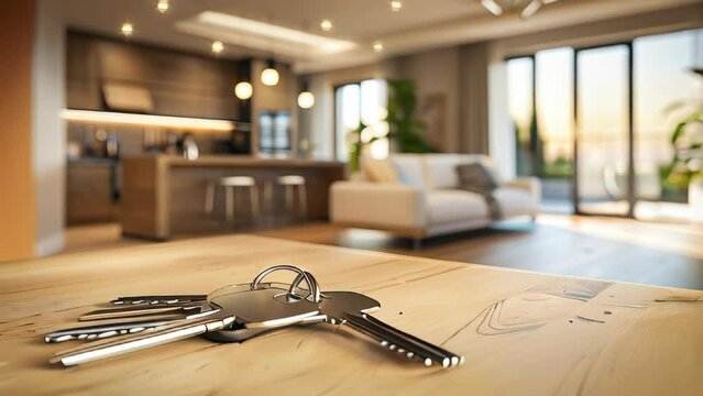 Keys on the table in a modern apartment. New home concept.