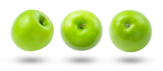 Flying green apple collection and shadow isolated on white background , clipping path.