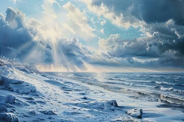 Obraz premium A snowy beach with clouds and sun rays