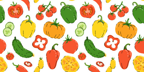 seamless hand drawn pattern with vegetable isolated on white background. Bundle of fresh delicious vegan diet vegetarian products, wholesome healthy food, cooking ingredients.