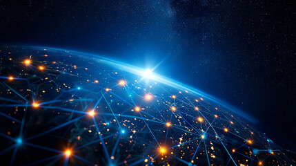 Obraz premium A glowing network of connections wraps around a blue planet, with a bright light illuminating the horizon.