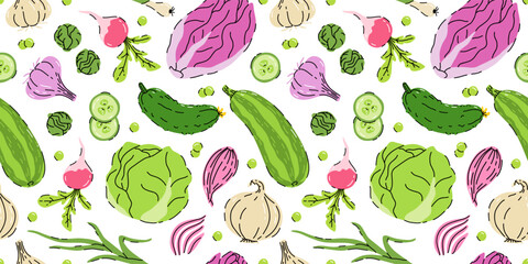 Custom vertical slats for kitchen with your photo seamless hand drawn pattern with vegetable isolated on white background. Bundle of fresh delicious vegan diet vegetarian products, wholesome healthy food, cooking ingredients.
