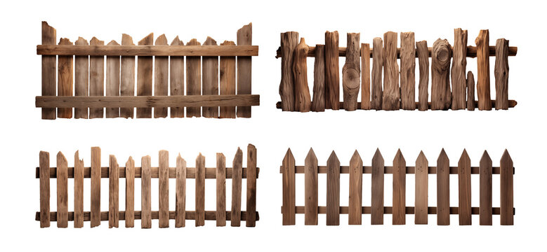 Set of rustic wooden fences isolated on transparent background