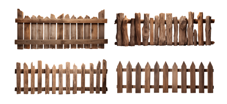 Set of rustic wooden fences isolated on transparent background