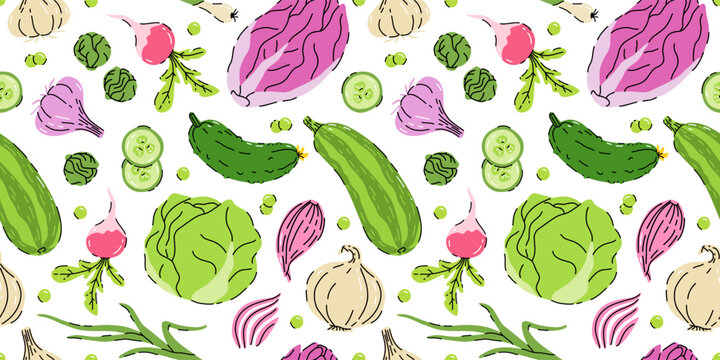 seamless hand drawn pattern with vegetable isolated on white background. Bundle of fresh delicious vegan diet vegetarian products, wholesome healthy food, cooking ingredients.