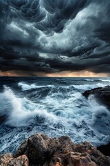 Fototapeta premium Dramatic Stormy Sky Looming Over Powerful Ocean Waves Crashing Against Rocky Coastline
