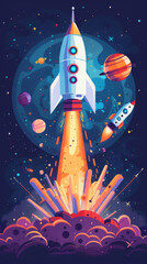 An illustration of a rocket launching into space, with a planet and stars in the background. The rocket is surrounded by colorful smoke and flames. Back to school.