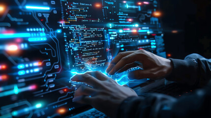 Hands typing on a keyboard with glowing blue digital interface in the background. Cybersecurity, technology, and data concepts.