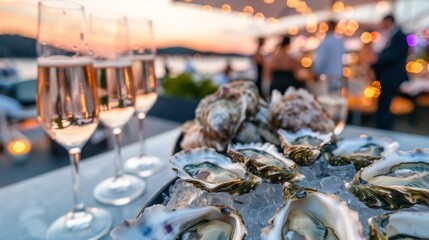 As the night goes on and guests continue to indulge in oysters the sky above transforms into a canvas of pastel pinks and oranges the perfect backdrop for an unforgettable seaside oyster
