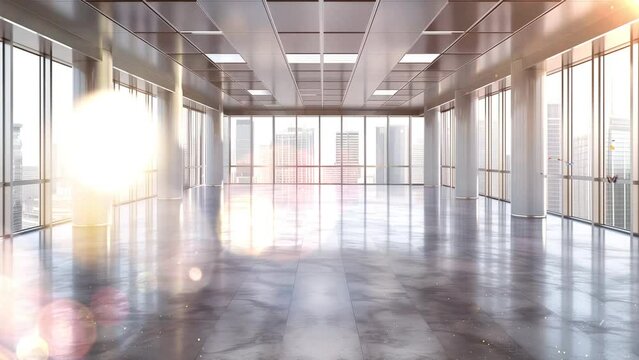 empty modern office with sunlight from large window seamless looping overlay 4k virtual video animation background