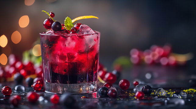 An image of a deep-flavored blackcurrant cordial cocktail, served in a glass with ice, garnished with currants and citrus zest