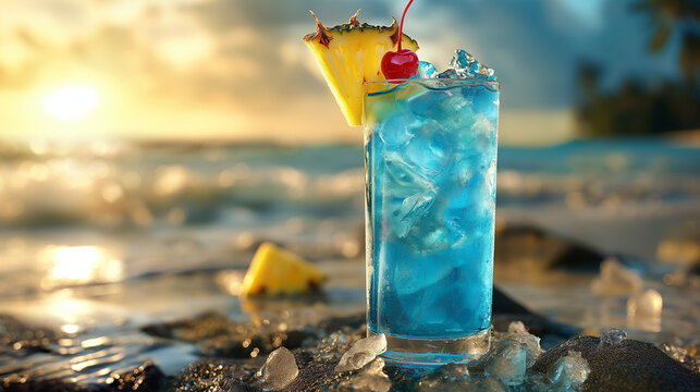 Fototapeta An image of a blue hawaiian cocktail, served on the rocks in a curved glass, garnished with a cherry and a slice of pineapple