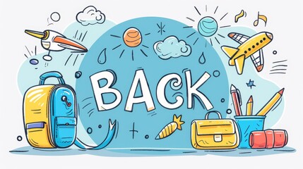 Fototapeta premium A cheerful illustration featuring a backpack, pencils, and paper airplanes, with the word Back written in large, bold letters, signifying the start of the school year. Back to school.
