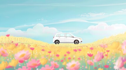 Fototapeta premium Pink and yellow flowers grassland and car illustration poster background