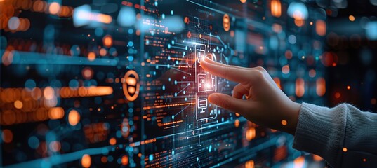 Obraz premium Hand Interacting with a Futuristic Digital Interface