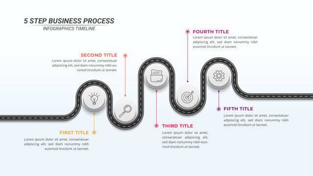 5 Options Road Map Infographic Timeline with Editable Text on a 16:9 Layout for Business Presentations, Management, and Evaluation.