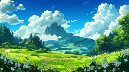 Naklejka premium landscape of hill with beautiful garden on sunny day in summer style art anime