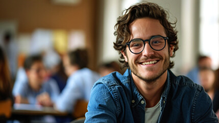 Fototapeta premium portrait cheerful male student in the classroom to convey the spirit study