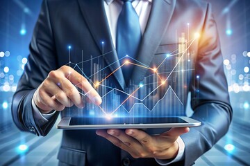 A businessman's hand swipes through a virtual interface on a tablet, displaying financial charts and data streams in a futuristic style.

