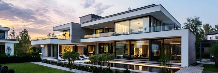 Fototapeta premium Luxurious Modern Architecture with Glass Facades and Lush Landscaping at Sunset