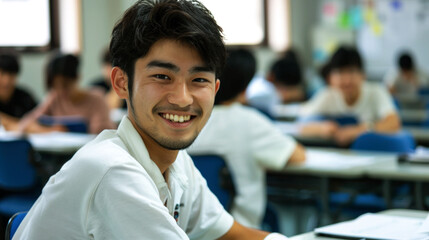 Fototapeta premium portrait cheerful male student in the classroom to convey the spirit study