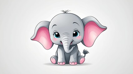 A cute cartoon baby elephant with big blue eyes and pink ears sitting on a light background