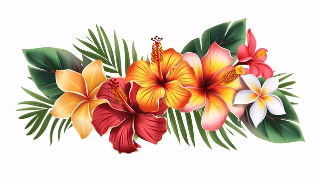 Decorative vector illustration of a cluster of hibiscus and plumeria flowers, displaying rich hues and fine detailing, placed against a plain white backdrop for a fresh and tropical effect