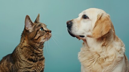 Fototapeta premium Labrador retriever and tabby cat in front of blue background with panting behavior