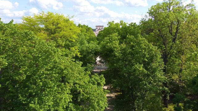 Drone cinematic shot Esterhazy Castle, flying through trees and along road that leads up to castle. Fertod, Hungary.
