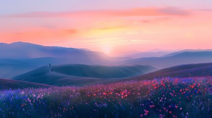 Fototapeta premium Wildflower hills and people illustration poster background