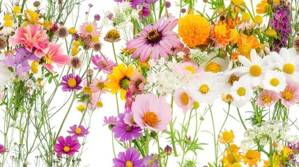 Beautiful assortment of colorful wildflowers including daisies and dahlias against a white background. Perfect for spring and summer themes.