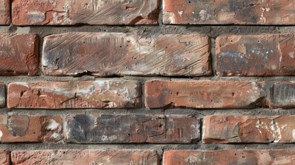Close-up of an old brick wall with weathered, rustic red bricks arranged in a horizontal pattern showcasing texture and character.