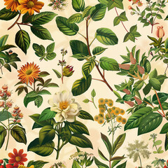 botanical leaves, spices, vintage flowers, beige background . AI generative.