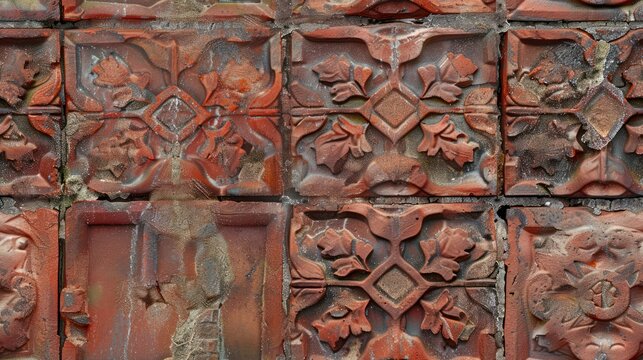 Close-up of a detailed, weathered, terracotta wall with intricate floral patterns and geometric designs.