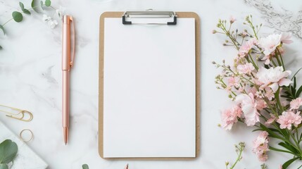 Blank paper letter on clipboard with flower and pen for inspirational copy space