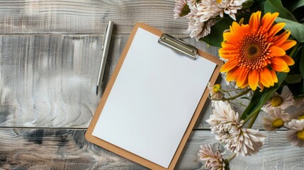 Elegant Workspace with Blank Paper on Clipboard for Quotes, Pen, and Flower on Wooden Surface