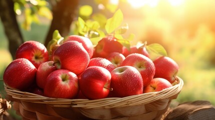 Soft sunlight illuminates woven basket of red apples.