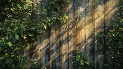 Obraz premium Rustic wooden plank texture with soft sunlight filtering through leaves