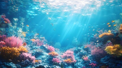 Obraz premium Clinical social worker and scuba diving, 3D flat design, underwater exploration, stunning seascape, lifelike sea creatures, vibrant coral, moderate depth, detailed aquatic scene