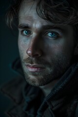 Fototapeta premium Dramatic and Intense Portrait of a Mysterious Man in a Dark Setting