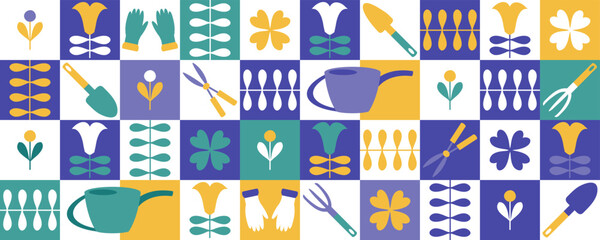 Summer gardening tools, water cans and tulip flowers geometric horizontal banner. Hand drawn vector agriculture print.