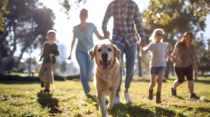 Fototapeta premium Family Walking Their Happy Dog in Picturesque Park on Sunny Day