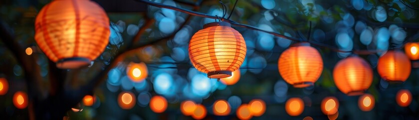 Obraz premium Blurred view of red paper lanterns hanging in the dark.